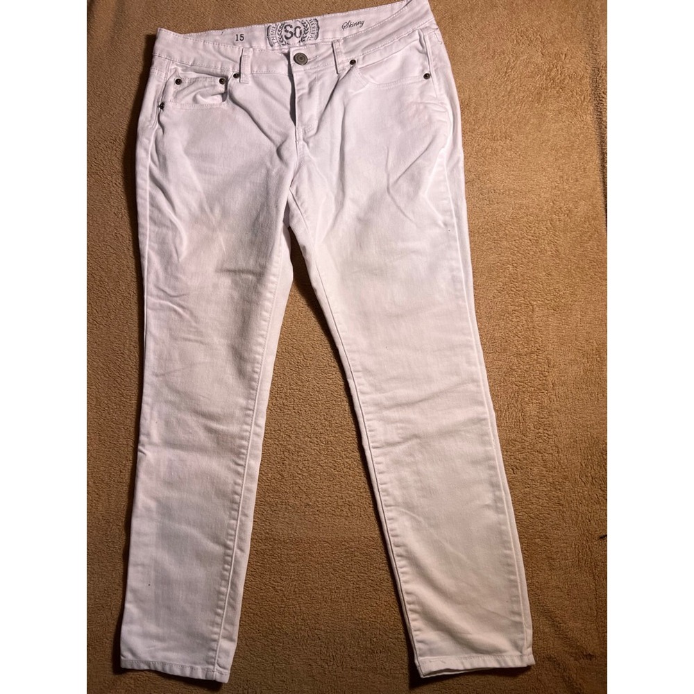 SO Women 15 White Denim Skinny Leg Button Zip Pockets Cotton Blend Ankle Pants